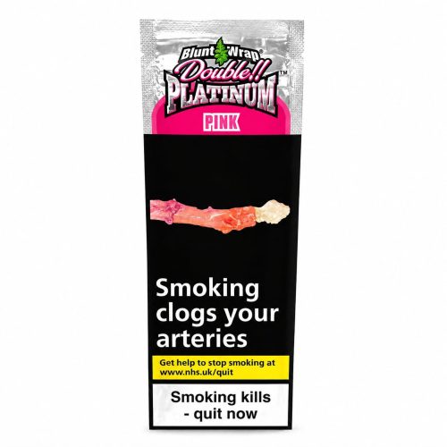 Packaging for Blunt Wraps Double Platinum Pink on a black pouch, with a health warning about smoking.