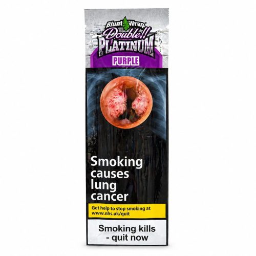 Pack of Blunt Wraps with a graphic lung cancer warning and bold text 'Smoking causes lung cancer' on a black panel.