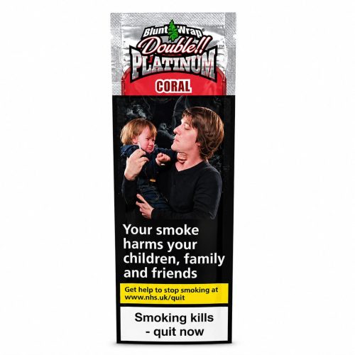 Packaging for Blunt Wrap Double Platinum Coral showing a man holding a crying child; includes a bold anti-smoking warning about harming loved ones and quitting smoking.