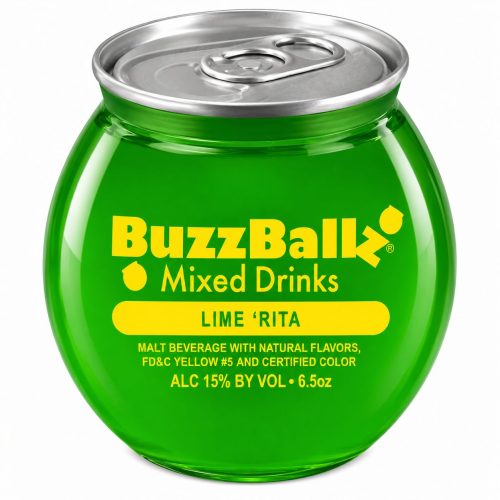 Green BuzzBallz Lime ’Rita can with a yellow label reading “Mixed Drinks” and “LIME ’RITA,” 15% ABV, 6.5 oz