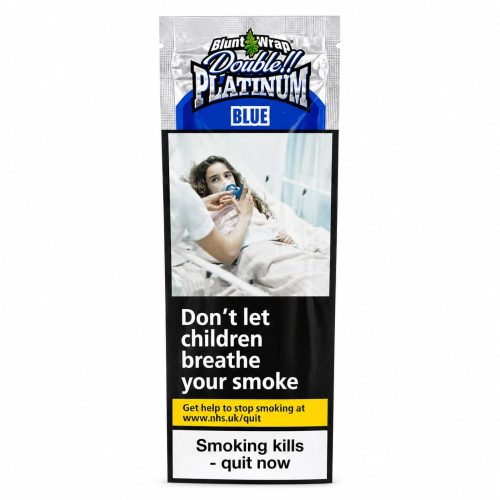 Pack of Blunt Wrap Double Platinum Blue with a large warning panel showing a hospital scene and the message: 'Don’t let children breathe your smoke'.