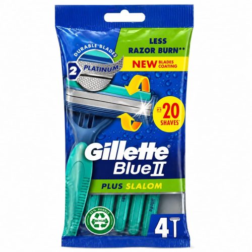 Gillette Blue II Plus Slalom razor blade package showing 4 blades and up to 20 shaves remaining in bright blue packaging with green accents.