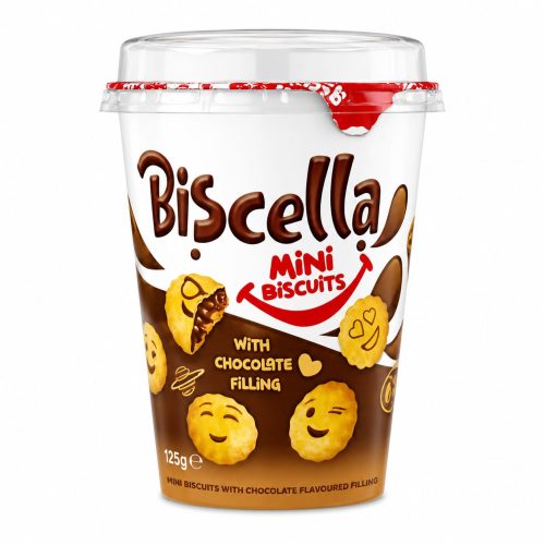 Cup-shaped packaging for Biscolata Mini Biscuits with chocolate filling, white top and brown bottom area shown clearly.