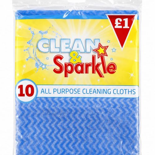 Package of Clean & Sparkle all-purpose cleaning cloths, blue zigzag cloths, 10-pack, priced £1