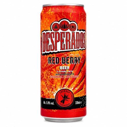 Desperados Red Berry beer can with orange‑red splatter design, bold white Desperados logo, and flavor notes—aguardiente, guarana, and red fruit (330 ml).