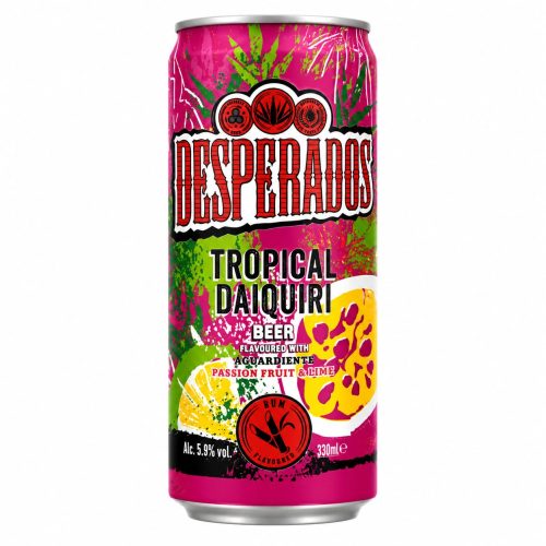 Bright pink Desperados Tropical Daiquiri beer can with green and yellow splash graphics and the bold Desperados logo across the label, top to bottom text visible (flavor notes and alcohol info included).