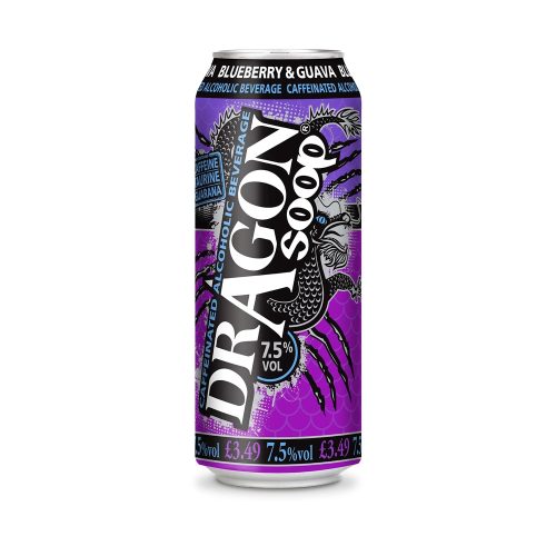 Purple can of Dragon Soop alcoholic beverage with a dragon graphic and bold white lettering, 7.5% alcohol by volume.