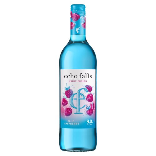 Echo Falls Blue Raspberry fruit fusion wine bottle with pink raspberry graphics, 9% ABV