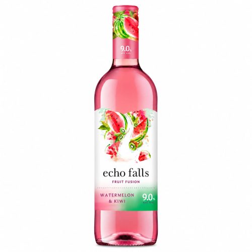 Pink glass bottle of Echo Falls Watermelon & Kiwi fruit fusion drink with colorful fruit artwork on the label, 9% ABV