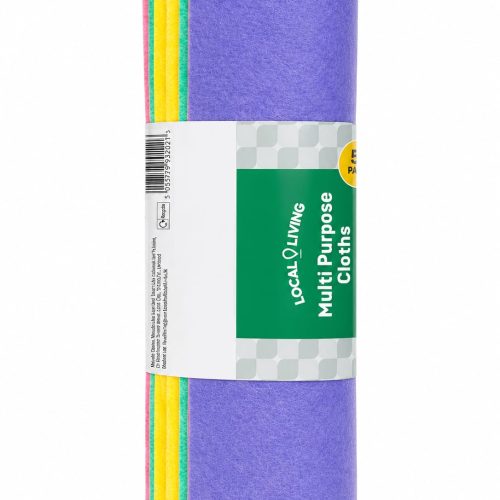 Roll of purple multi-purpose cleaning cloths with colorful inner layers (pink, yellow, green); packaging reads Local Living Multi-Purpose Cloths