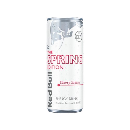 Red Bull Spring Edition Cherry Sakura energy drink can with silver body and pink typography on white background, front view