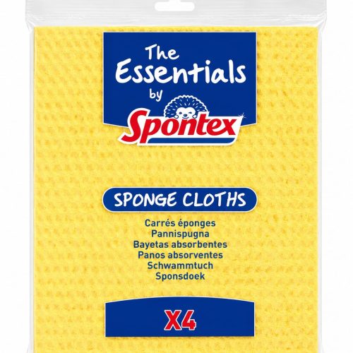 Yellow four-pack of Spontex sponge cloths titled 'The Essentials by Spontex' with blue branding and 'Sponge Cloths' label (X4)