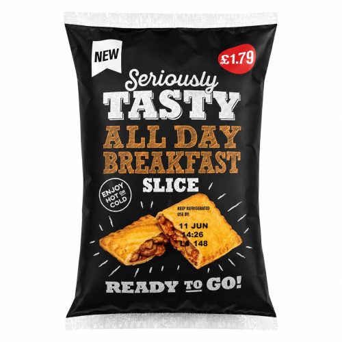 Packaging for a snack: 'Seriously TASTY All Day Breakfast Slice' on a black bag with two flaky pastry slices image and 'Ready to go' text at the bottom.