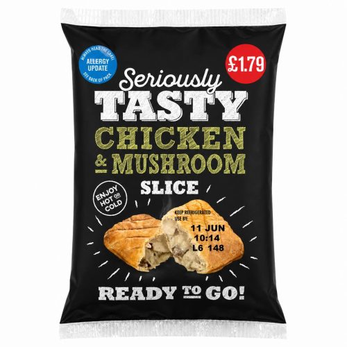 Packet of Seriously Tasty Chicken & Mushroom slice with broken pastry showing creamy filling; ready-to-go snack, £1.79 label visible