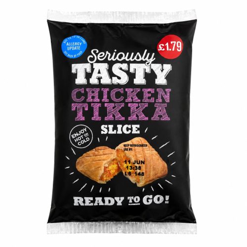 Black snack bag labeled 'Seriously Tasty Chicken Tikka Slice' with a bite-size pastry image.
