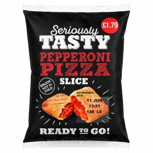 Black snack bag design with white and red text reading “Seriously TASTY PEPPERONI PIZZA SLICE”; shows a split pepperoni pizza, labeled ready to go, £1.79 in red circle.
