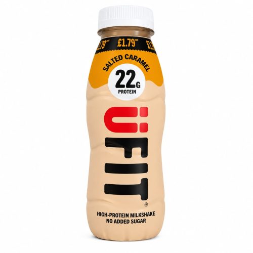 Cream-colored high-protein milkshake bottle with a white cap; label shows Salted Caramel flavor and 22 g protein, no added sugar for a low-sugar drink