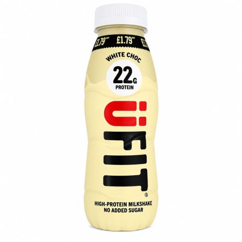 Cream-colored high-protein milkshake bottle with white cap, labeled White Choc and 22 g protein (no added sugar)