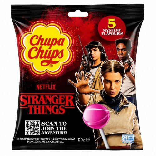 Chupa Chups candy bag with Stranger Things branding, featuring characters and a pink lollipop image on the front