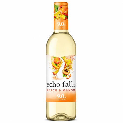 Echo Falls Peach & Mango flavored wine bottle with orange cap and colorful fruit label (9% ABV)