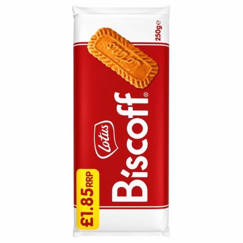 Lotus Biscoff biscuit package with a single biscuit on the red-and-white wrapper, vertical orientation.