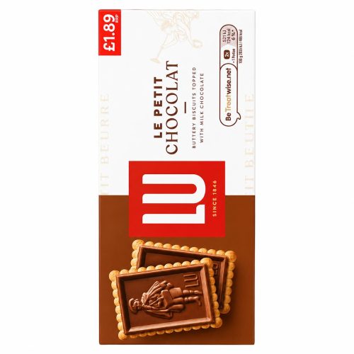 Le Petit Chocolat chocolate bar with white wrapper and red LU logo, brown bottom section, showing embossed chocolate squares.