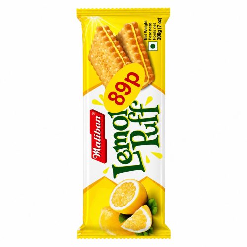 Bright yellow Lemon Lift biscuit package with stacked crackers and lemon slices at the bottom, brand Madhuvan visible on the side