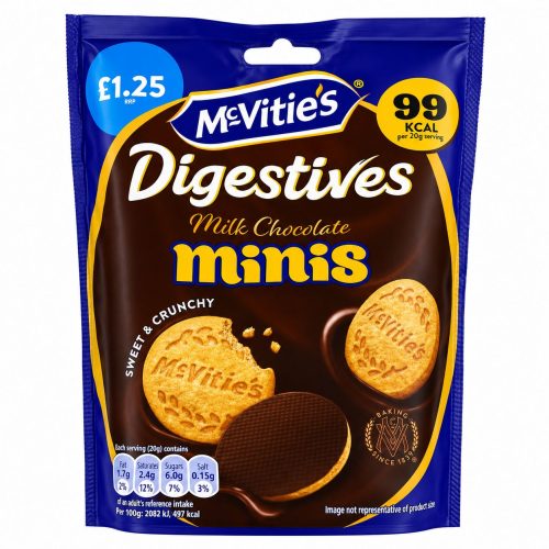 McVitie's Digestives Minis Milk Chocolate biscuits in a blue pouch with logo and 99 kcal per 20g serving.