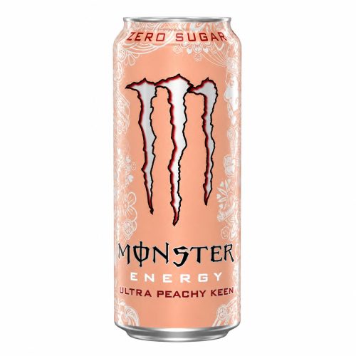 Peach-colored Monster Energy Ultra Peachy Keen can with the large claw logo, 'ZERO SUGAR' and 'ULTRA PEACHY KEEN' text