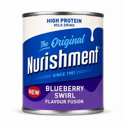 Can of Nurishment high-protein milk drink, Blueberry Swirl flavor, with 'New' badge on packaging