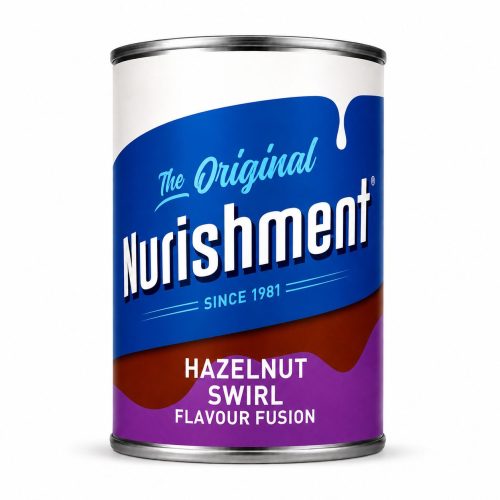 Can of Nourishment with a blue label reading 'The Original Nourishment' and 'Hazelnut Swirl Flavour Fusion' on a purple-brown design
