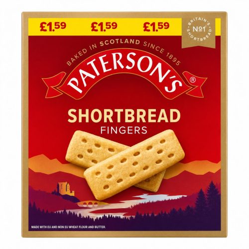 Patterson's Shortbread Fingers box with two biscuits on a red-gold package and a Scotland landscape illustration in the background behind the biscuits.